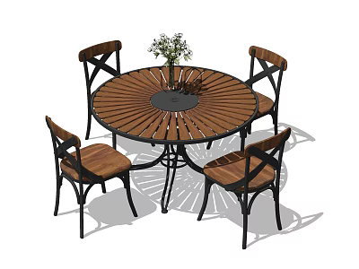 Round Wooden Table and Chair Set with Four Black Metal Chairs and Decorative Plant Vase 3d model