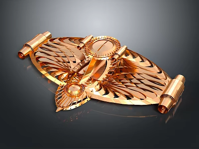 Golden Intricate Aerospace Mechanical Component With Winged Design And Circular Details 3d model