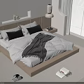 Modern Double Bed With Wooden Headboard White Quilt Black Pillows And Gray Throw In Bedroom