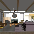 Modern Living Room Interior Design With Wooden Beams Herringbone Floor Dark Brown Sofa And Fireplace
