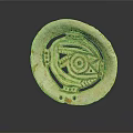 Intricate Ancient Circular Sculpture Carving with Geometric Patterns Eye Design and Pale Orange Speckled Openwork