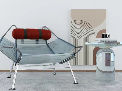 Modern Leisure Chair with Red Cushion Metal Frame and Glass Side Table Near Abstract Painting 3d model