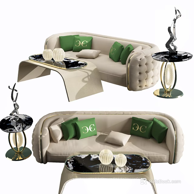 Elegant Modern Beige Double Sofa With Green Cushions Gold Accents Coffee Table And Decorative Items 3d model 
