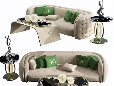 Elegant Modern Beige Double Sofa With Green Cushions Gold Accents Coffee Table And Decorative Items 3d model