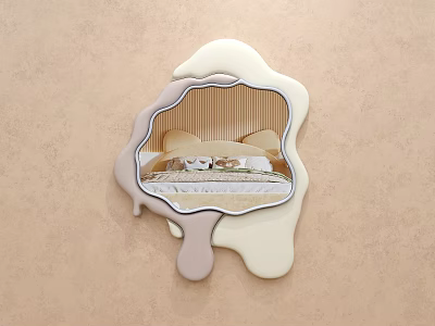 Irregular Shaped Mirror Reflecting Bedroom With Bed Pillows And Striped Wall 3d model