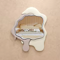 Irregular Shaped Mirror Reflecting Bedroom With Bed Pillows And Striped Wall