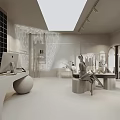 Modern Open Clothing Store Interior With Arched Doors Mannequins And Display Counter