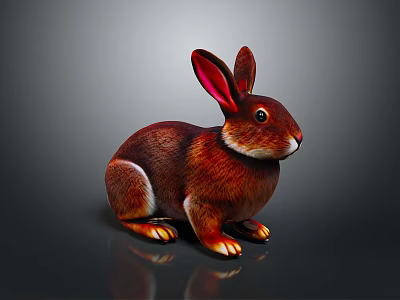 Realistic Brown Rabbit Figurine With Red Ears Sitting On Reflective Black Surface 3d model