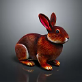 Realistic Brown Rabbit Figurine With Red Ears Sitting On Reflective Black Surface 3d model