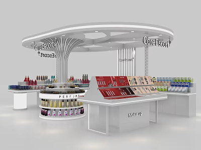 Cocktail Echoo Cosmetics Store With White Curved Display Counters And Makeup Products On Shelves 3d model