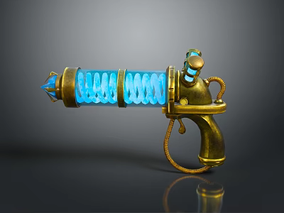 Golden Blue Glowing Fantasy Pistol With Spiral Spring Mechanical Handle And Shiny Metal Parts 3d model