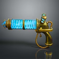 Golden Blue Glowing Fantasy Pistol With Spiral Spring Mechanical Handle And Shiny Metal Parts
