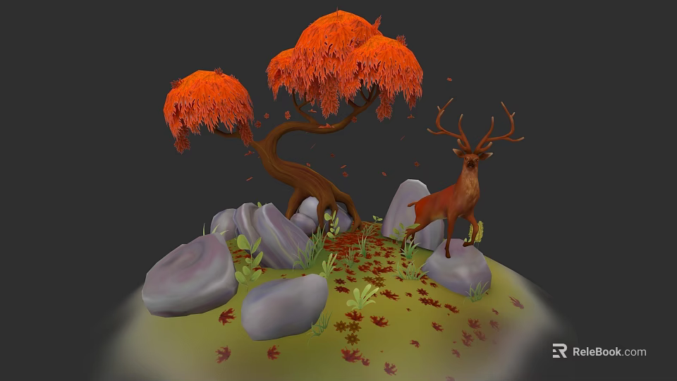 Red Maple Trees With Deer Standing Near Stones And Fallen Leaves 3d model 