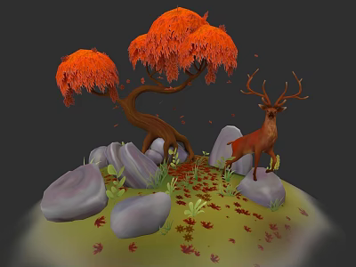 Red Maple Trees With Deer Standing Near Stones And Fallen Leaves 3d model