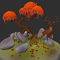Red Maple Trees With Deer Standing Near Stones And Fallen Leaves