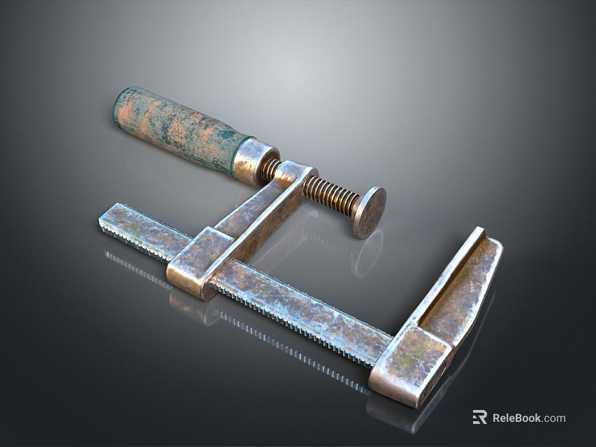 Vintage Brass Clamp Tool With Textured Handle On Black Reflective Surface 3d model 