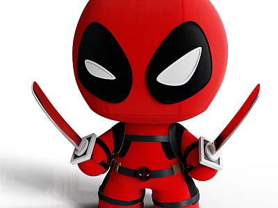 Cute Red Doll With Black Mask White Eyes Holding Samurai Swords 3d model
