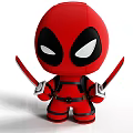 Cute Red Doll With Black Mask White Eyes Holding Samurai Swords