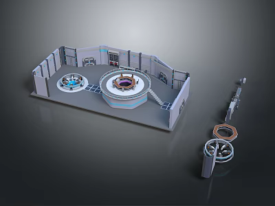 Futuristic Technical Lab 3D Model With Circular Platforms Control Console And Mechanical Parts 3d model