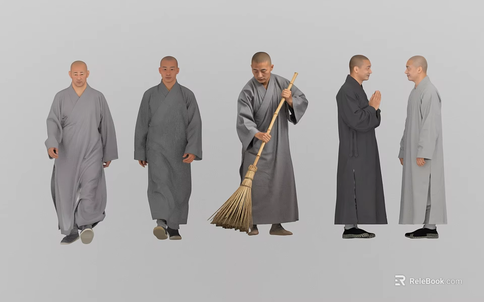 Group of Monks in Gray Robes Walking Sweeping and Talking Together 3d model 