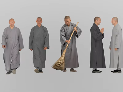 Group of Monks in Gray Robes Walking Sweeping and Talking Together 3d model