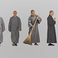 Group of Monks in Gray Robes Walking Sweeping and Talking Together