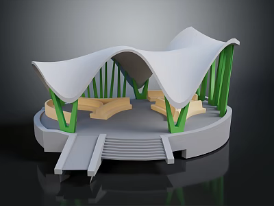 Cartoon Scene Featuring Round Platform White Curved Roof Green Pillars Beige Seats Ramp And Steps 3d model