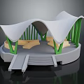 Cartoon Scene Featuring Round Platform White Curved Roof Green Pillars Beige Seats Ramp And Steps