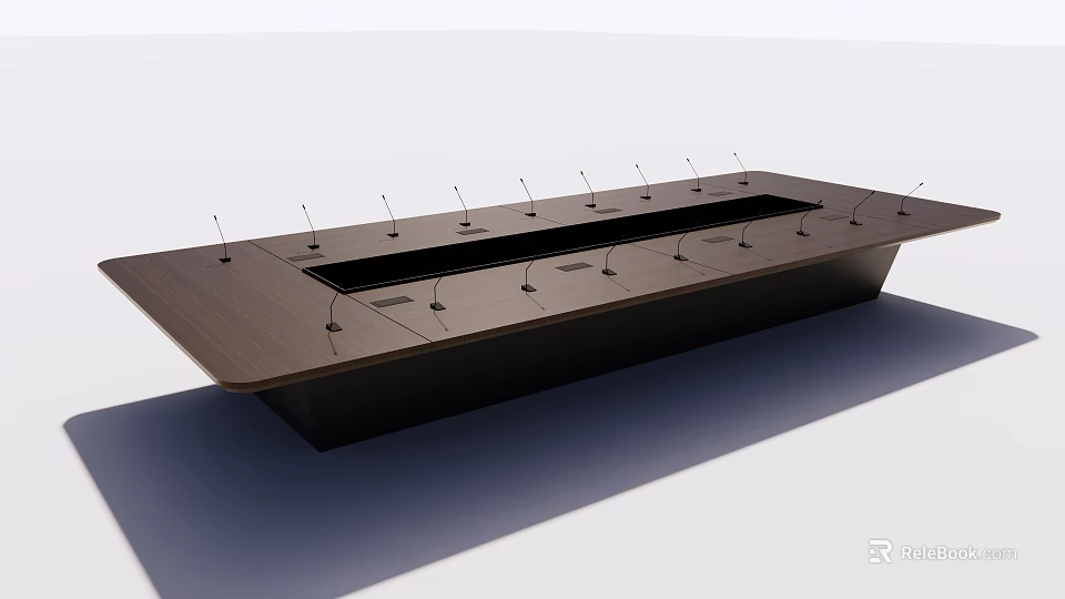 Long Rectangular Modern Conference Table With Dark Wooden Top And Integrated Microphones 3d model 