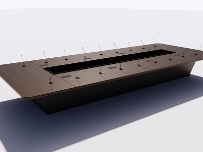 Long Rectangular Modern Conference Table With Dark Wooden Top And Integrated Microphones 3d model