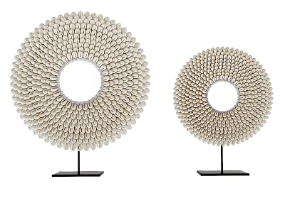 Two Decorative Circular Beaded Wall Art Pieces with Hollow Center and Black Stands 3d model
