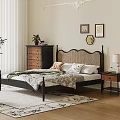 Modern Double Bed With Black Frame Rattan Headboard And Nightstand Table Lamp