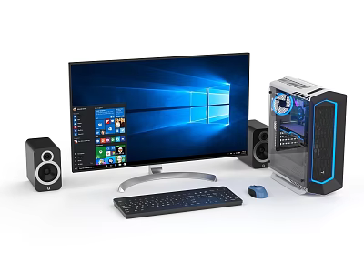 Desktop Computer Setup With Monitor Tower Keyboard Mouse And Speakers Displaying Windows Interface 3d model