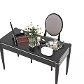 Black Modern Dressing Table With Round Mirror White Flowers And Makeup Accessories 3d model