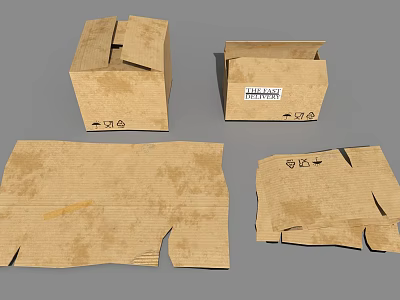 Cardboard Boxes For Household Use Showing Used Folded And Damaged States With Labels 3d model