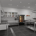 Modern Commercial Kitchen Interior With Stainless Steel Equipment Tiled Walls Storage Cabinets And Worktables