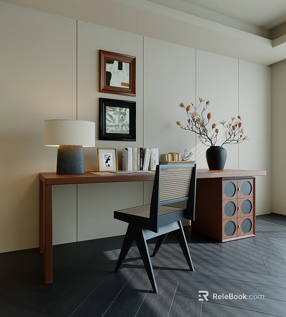 Minimalist Modern Wooden Desk With Table Lamp Photo Frames Books And Vase With Dried Flowers 3d model 
