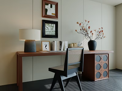 Minimalist Modern Wooden Desk With Table Lamp Photo Frames Books And Vase With Dried Flowers 3d model