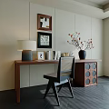 Minimalist Modern Wooden Desk With Table Lamp Photo Frames Books And Vase With Dried Flowers