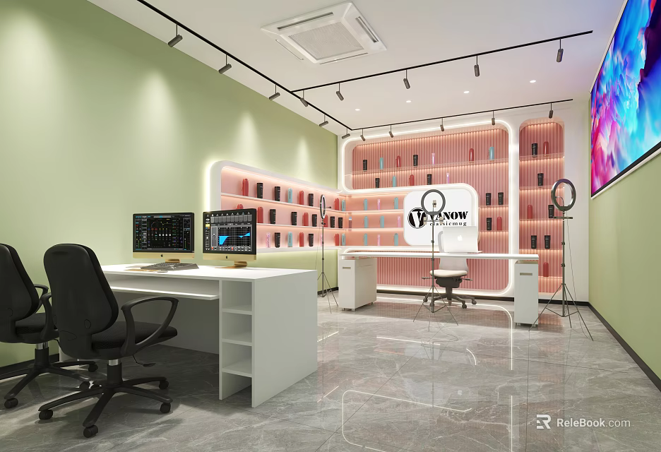 Public Office Space Featuring Modern Desks Computer Monitors Pink Partitions Large Screen and Bookshelves 3d model 