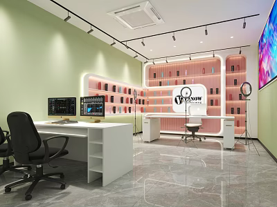 Public Office Space Featuring Modern Desks Computer Monitors Pink Partitions Large Screen and Bookshelves 3d model
