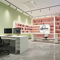 Public Office Space Featuring Modern Desks Computer Monitors Pink Partitions Large Screen and Bookshelves