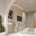 Modern Hotel Room Interior With Circular Headboard Floor To Ceiling Window And Green Plants