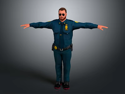 Man in dark blue uniform with badge wearing sunglasses and belt standing with arms outstretched 3d model