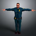 Man in dark blue uniform with badge wearing sunglasses and belt standing with arms outstretched