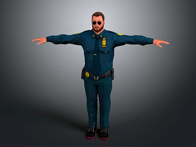 Man in dark blue uniform with badge wearing sunglasses and belt standing with arms outstretched 3d model