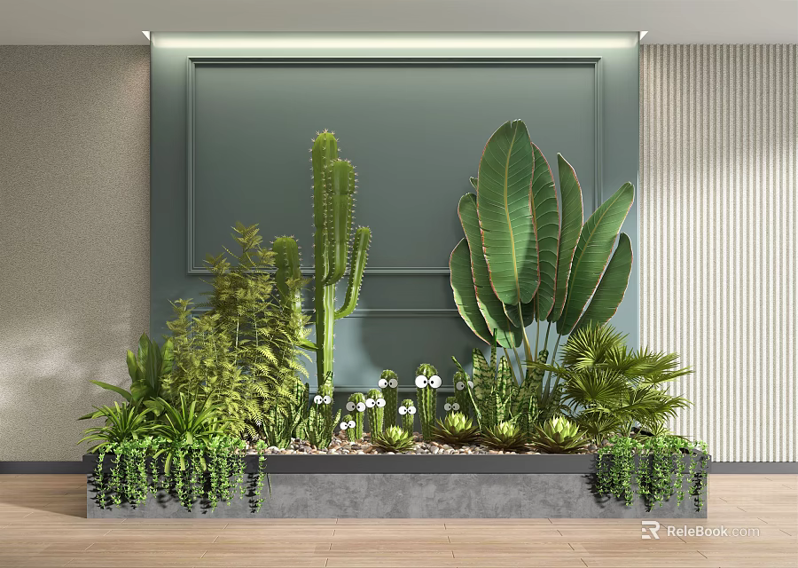 Indoor Bonsai Potted Plants With Cactus Large Leaf Greenery In Concrete Planter 3d model 