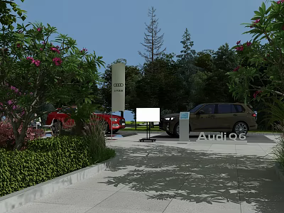 Audi Q6 Parked Near Red Vehicle With White Pillar Green Plants And Sign 3d model