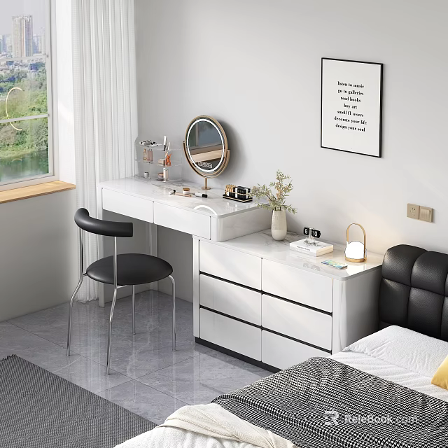 Modern Dressing Table With Round Mirror Black Chair Vase And Table Lamp In Bedroom Interior 3d model 