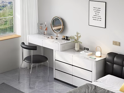 Modern Dressing Table With Round Mirror Black Chair Vase And Table Lamp In Bedroom Interior 3d model
